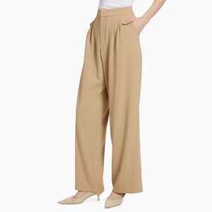 Wayf Wilshire Beige Pleated Twill High Waist Wide Leg Flare Trouser Pants Khaki